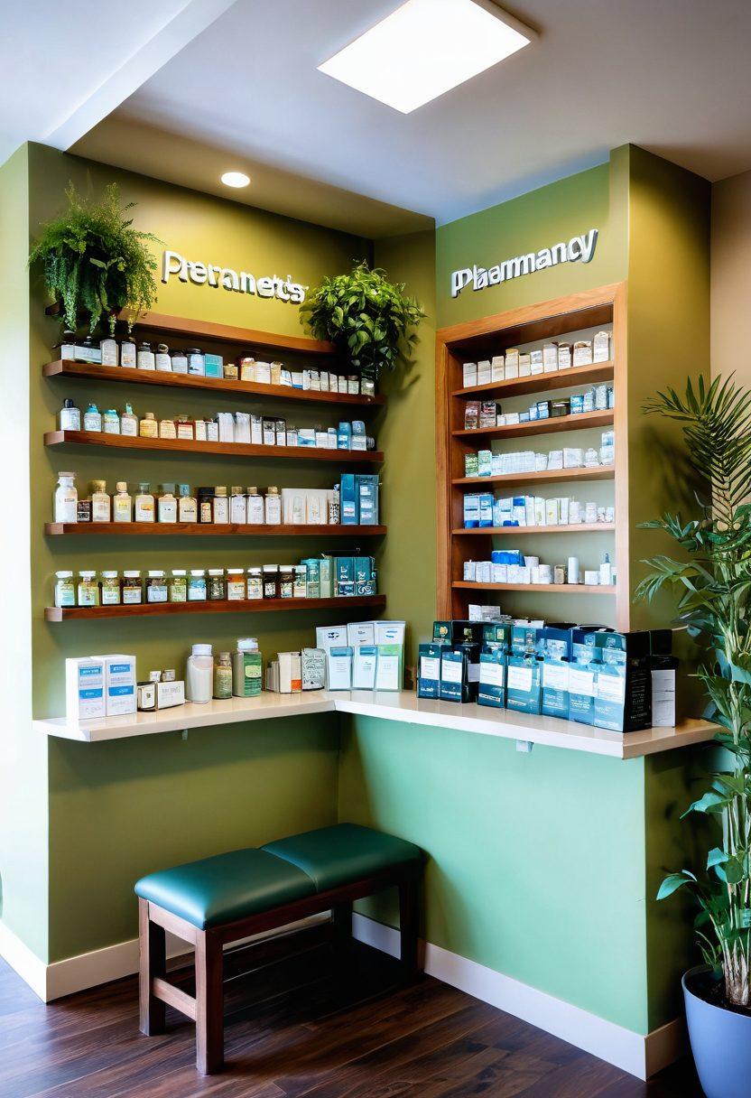 A serene community pharmacy filled with natural light, showcasing various wellness products and herbal remedies. Include smiling pharmacists consulting with diverse customers in a welcoming atmosphere, surrounded by green plants and wellness pamphlets. Depict a cozy corner with a wellness information board and comfortable seating. The overall tone should evoke a sense of calm and well-being. super-realistic. vibrant colors. warm lighting.