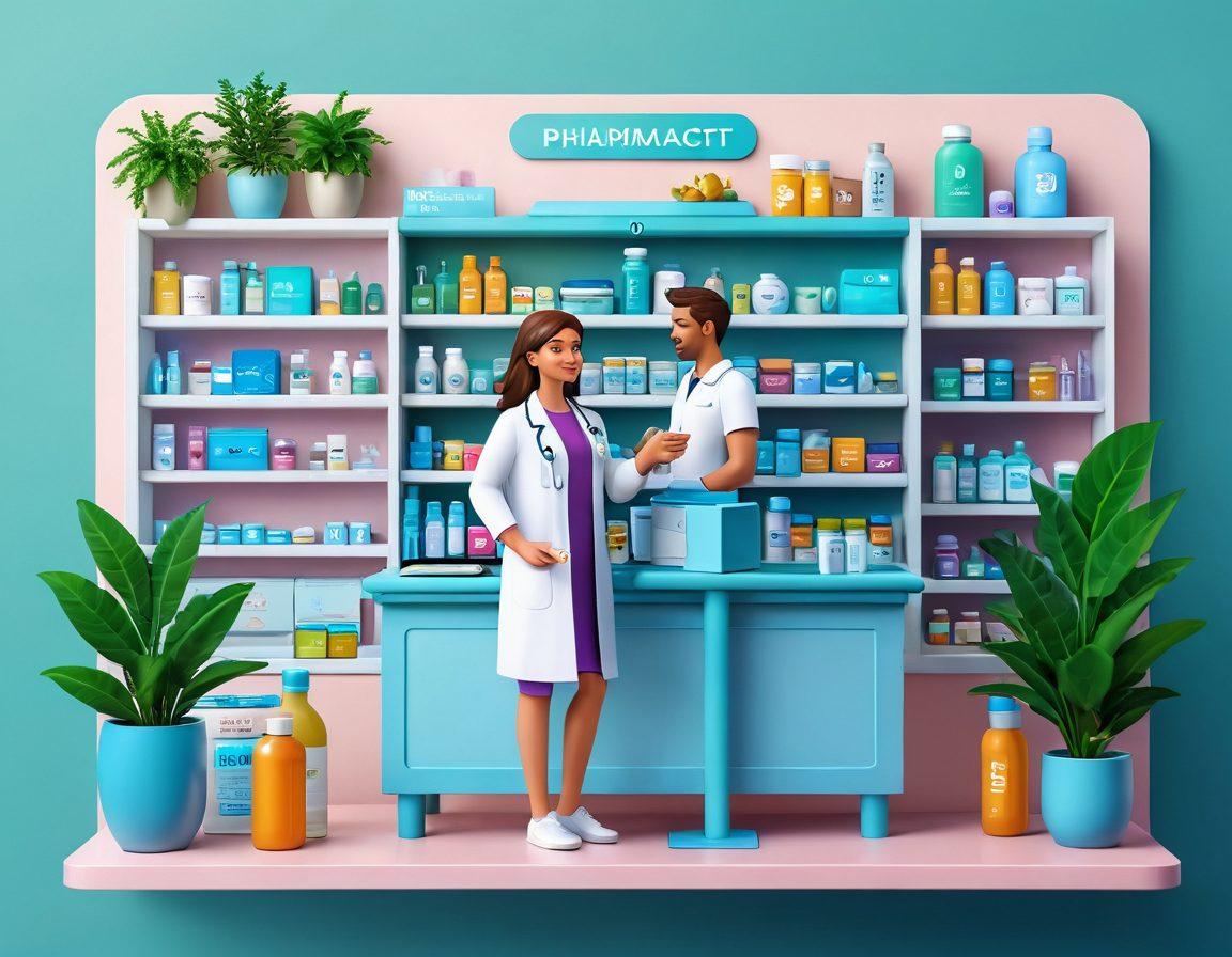 An inviting virtual pharmacy interface displaying a variety of health and wellness products, with a friendly virtual pharmacist character greeting visitors. Include vibrant icons representing convenience, care, and accessibility, surrounded by a soothing color palette. The backdrop features elements of wellbeing, such as plants and wellness symbols. super-realistic. vibrant colors. 3D.